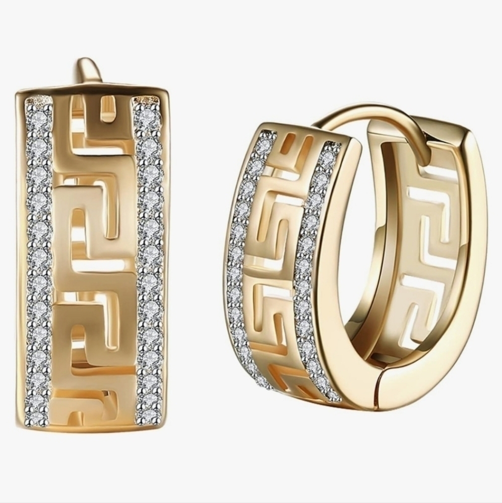 14K Yellow Gold Womens Chunky Hoop Earrings Diamond Huggie Geometric Elegant - Picture 3 of 3